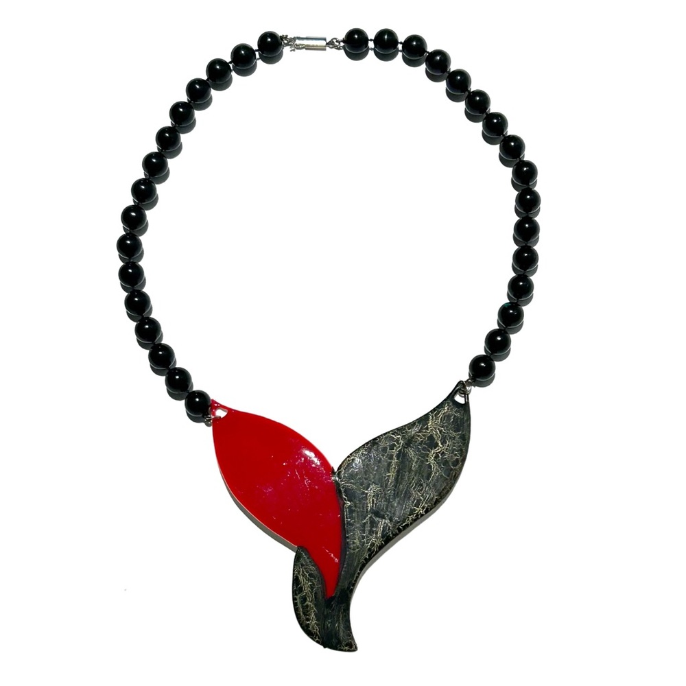 Vintage Black and Red Art Deco Beaded Statement Necklace Crackle Painted Leaves
